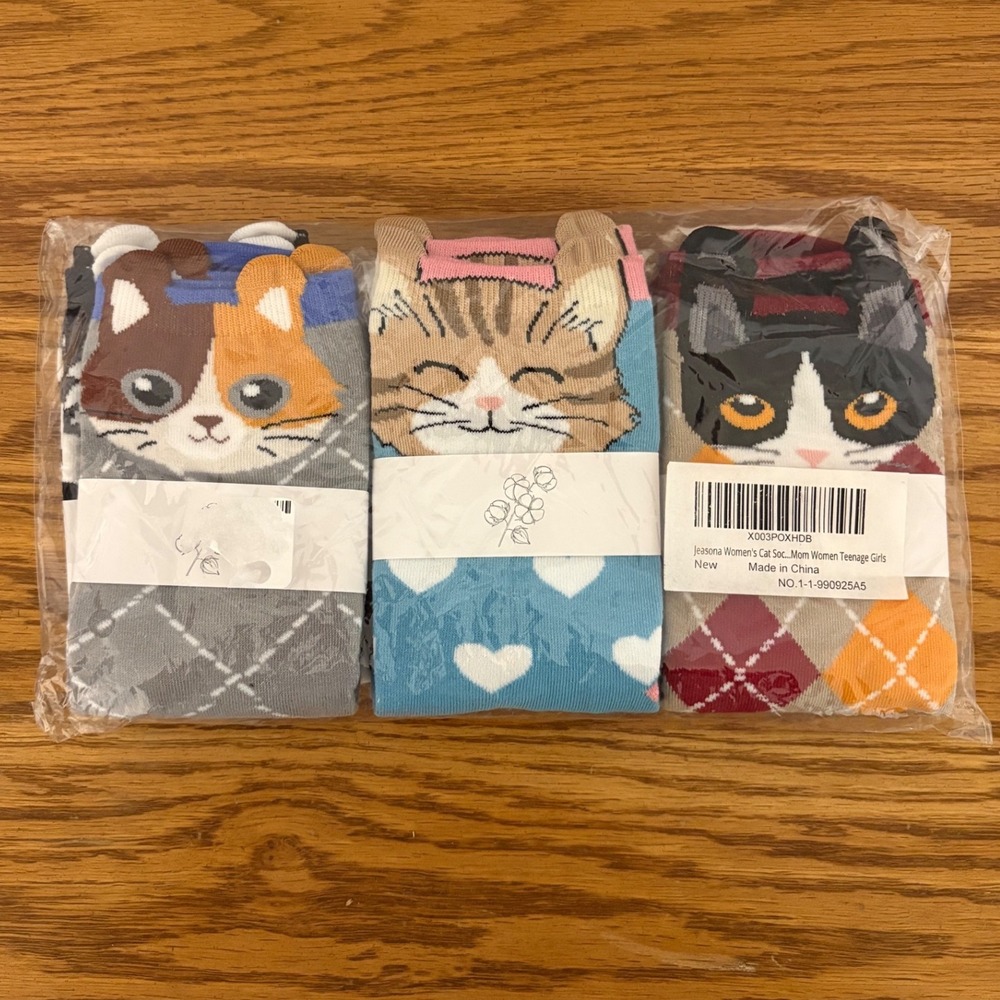 Jeasona Womens Cat Socks 5 Pack Multicolor Cotton Blend Crew Socks Size 5-8 NEW